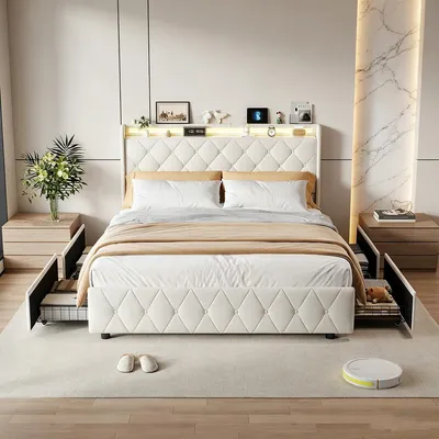 Image de INONEFT : Lit à lattes avec sommier intégré, revêtement capitonné, dimensions 160x200, avec éclairage LED et ports USB/C. Lit double avec 4 tiroirs de rangement et tête de lit avec espace de rangement. Revêtement en velours, couleur beige
