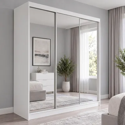 Produktbild von BEAUTYSOFA DEBRA Schwebetürenschrank 180 cm Schrank mit Spiegel, Kleiderschrank mit 3 Schiebetüren und 2 Schubladen, Weiß