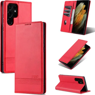 A collage of images showing a red leather phone case for a Samsung Galaxy S24 Ultra from multiple angles, including its cardholder feature and stand function.