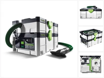 A Festool CTL SYS dust extractor with a green hose and nozzle attached, shown from a slightly angled front view. The product is modular and appears to be composed of stacked containers. There are also smaller inset images showing different views of the pro