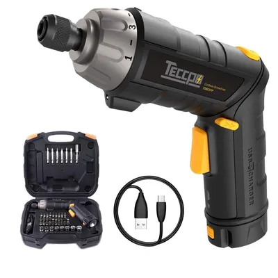 A cordless screwdriver set with accessories and a charging cable, displayed against a white background.