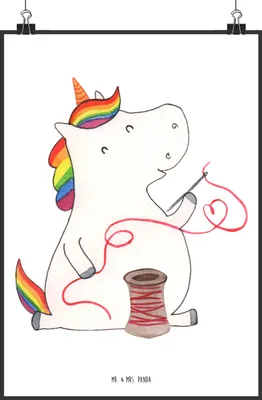 Produktbild von Mr. & Mrs. Panda Bild Einhorn Näherin DIN A2 - Weiß - Geschenk, Unicorn, Wandbild, Plakat, Einhörner, wanddeko, Basteln, Kunstdruck, drucke, Häkeln, Stricken