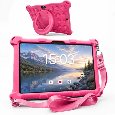 Produktbild von AngelTech Kindertablet XL - Android 14 - 3+4 GB RAM - 32+64 GB - Extra Groß - Elterliche Kontrolle - Fidgy Schutzhülle - 100% Kidsproof - Rosa