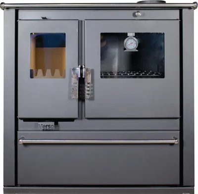 A front view of a dark gray wood-burning stove with glass doors and a thermometer.