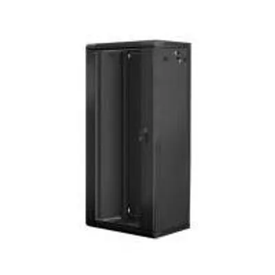 A black server rack cabinet is shown from a slightly angled front view.