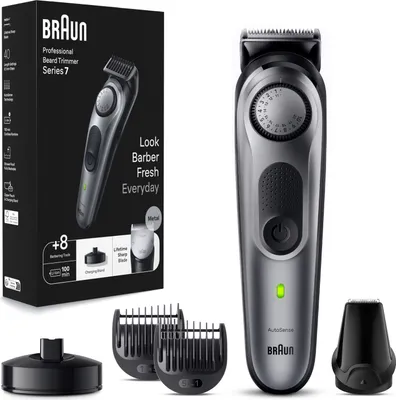 A professional beard trimmer and its accessories are displayed on a white background, with the product's packaging to the left.