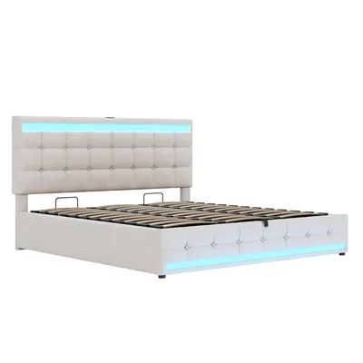 Produktbild von Flieks Polsterbett 180x200cm mit 2 USB, Boxspringbett Doppelbett mit Stauraum und Lattenrost, Jugendbett mit Led, Funktionsbett, Leinen, Beige