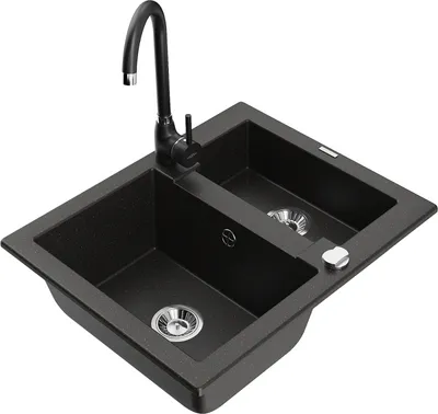 Produktbild von Mexen Carlos 1,5-Becken-Granitspüle mit Mischbatterie Telma, Schwarz/Gold metallisch - 6518-75-670200-70