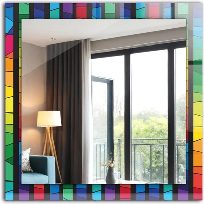 Produktbild von Bedruckter Spiegel - Wandspiegel - Dekorativer - Modern - 60x60 cm - Bunte Buntglasstreifen