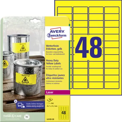 Produktbild von Avery Zweckform L6103-20 Wetterfeste Folien-Etiketten, 45,7 x 21,2 mm, 20 Bogen/960 Etiketten, gelb