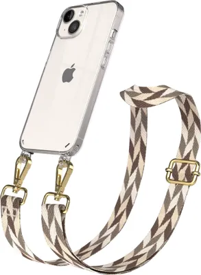 Produktbild von EAZY CASE Handykette - Verstellbarer Trageriemen kompatibel mit Apple iPhone 14, Handykordel mit transparenter Silikon-Hülle, Karabiner Gold, Mix Style, Band in Braun