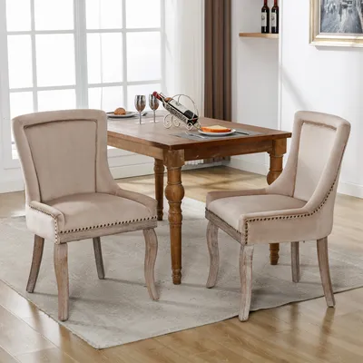 Immagine prodotto di MODFU, set di 2 poltrone da pranzo sedia da cucina, sedia da soggiorno, poltrona poggiapiedi, sedia multifunzione con dettagli in metallo a forma di chiodo, gambe in legno massello, rivestimento in velluto, color beige
