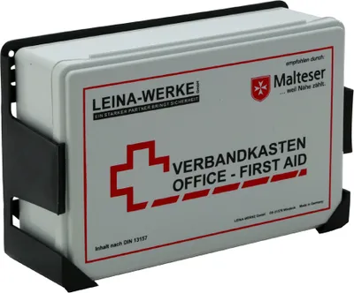 Produktbild von LEINA Betriebsverbandkasten Office Inhalt DIN 13157 weiß mit Wandhalterung