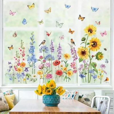 Produktbild von Glas-Raamstickers mit Blumenmotiv, Zonneblumen und Vögeln, Antibotsingsfolie, Sticker für Glas, Raamdecoratie