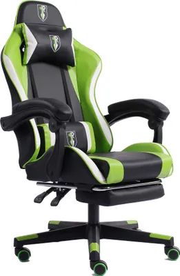 A gaming chair with a racing design, featuring black, green, and white accents.