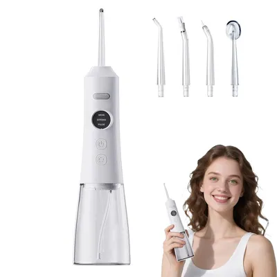 Produktbild von Munddusche, 300 ml elektrische kabellose Munddusche, IPX7, Drei-Geschwindigkeitsmodus, 300 ml, 4 Düsen, geeignet für unterwegs, Heimgebrauch (tragbar)