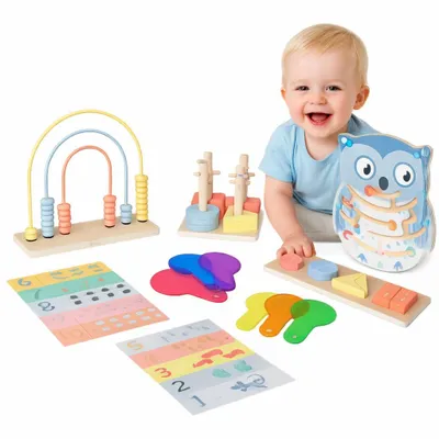 Zdjęcie produktu dla Układanka Montessori GrowPlay - drewniany sorter, kształty, nauka liczenia i kolorów, labirynt, zestaw edukacyjny