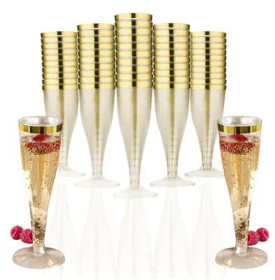 50 Kunststoff-Champagneschalen 133 ml, Goldrand, BPA-frei, wiederverwendbar