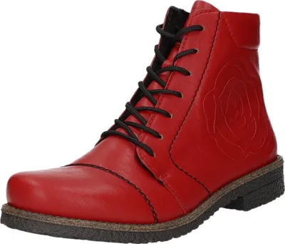 A single red boot with black laces and a rose embossed on the side, presented against a white background.