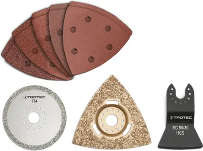 Produktbild von TROTEC 13-tlg. Zubehör-Set zur Bad-Sanierung (1x, RIFF-Schleifplatte, 1x Diamantsägeblatt, 1x Schabmesser, 10x Dreieckschleifpapier mit versch. Körnung) passend für fast alle Multifunktionswerkzeuge