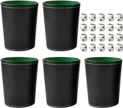 Produktbild von 5x Würfelbecher Kunstleder Schwarz | Knobelbecher Set mit 20 Würfeln für Bar Restaurant Party