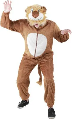 A person wearing a full-body lion costume.