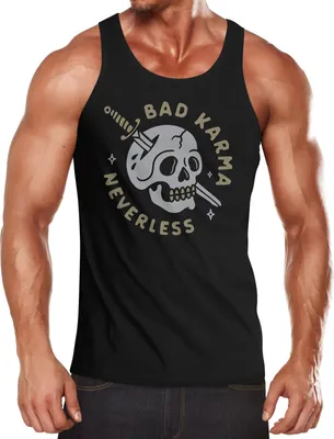 Produktbild von Herren Tank-Top Bikermotiv Skull Bad Karma Schriftzug Fashion Streetstyle Muskelshirt Muscle Shirt Neverless® schwarz XXL