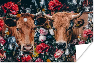 Produktbild von MuchoWow® Poster Kuh - Blumen - Tiere - Porträt 60x40 cm - Schlafzimmerdekoration