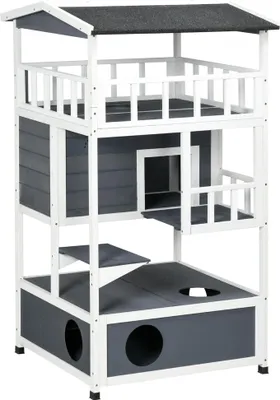 Produktbild von Fortuna Lai Katzenhaus mit Toilette, 4-stöckig, Katzenhütte mit Balkon, Katzenvilla mit Treppe, Asphaltdach, Massivholz, Grau, 78 x 76 x 140 cm