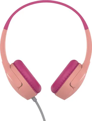 A pair of pink and rose gold on-ear headphones against a white background.