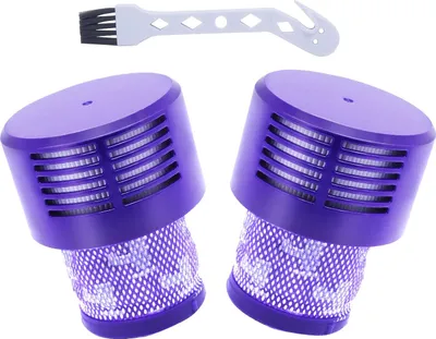 Two purple vacuum cleaner filters and a cleaning brush are shown against a white background.