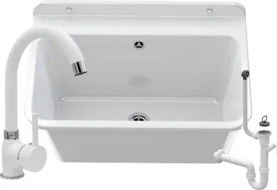 Obrázok produktu pre Granitan – umývadlo – drez – 61 × 41 × 30 cm – biele – s batériou a sifónom – drez – LARGE