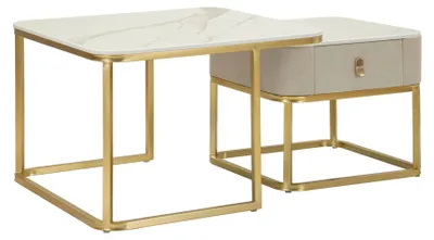 Image de Paire De Tables Basses Élégantes Avec Plateau Effet Marbre Et Structure Dorée - Design Glamour Moderne Pour Le Salon - 1428810000