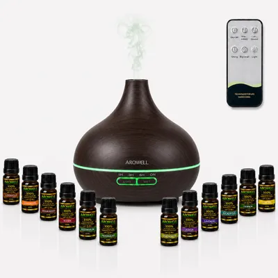 Productafbeelding van Arowell – Aroma Diffuser 500 ml met 12 × 10 ml 100% Natuurlijke Etherische Oliën – Afstandsbediening, Timer & 7 LED Kleuren – Luxe Geschenkset, AI-gegenereerde afbeelding