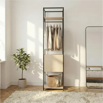 Image de Portant vêtements en bois et métal noir 50x200cm - rangement fermé