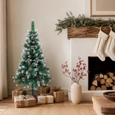 Zdjęcie produktu dla Sztuczne drzewko świąteczne Eikuavons, wysokość 120 cm, kolor zielony, z 15 szyszkami i efektem śnieżnym, 180 gałęzi, wykonane z PVC, metalowa podstawa