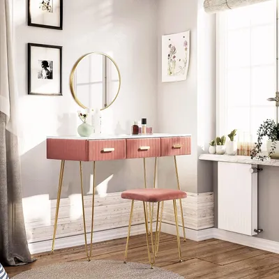 Produktbild von WOLTU Schminktisch mit Hocker&Schubladen Tischplatte 100x40cm,Kosmetiktisch Rosa