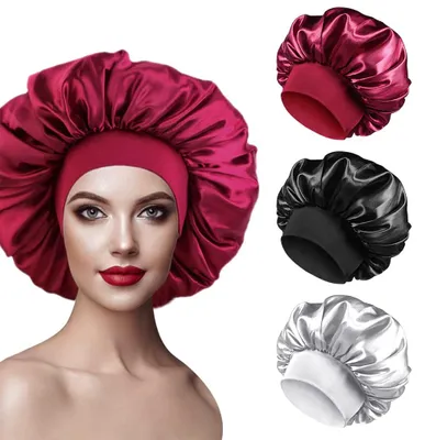 Produktbild von 3 Stück Satin-Seidenhaube zum Schlafen, Seidenhaarhaube für Frauen zum Schlafen mit breitem Gummiband, weiche Nachtschlaf-Satinhaube (schwarz, weinrot, grau)