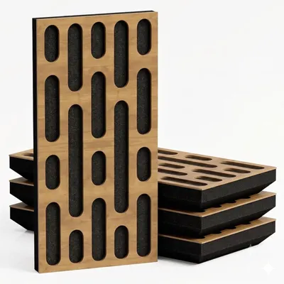 Imagen del producto de Paquete de 12 unidades – Panel acústico absorbente de sonido, diseño estrecho, modelo P24 – Panel difusor | 50x25 cm | Reflejo | Grosor: 53 mm | Color: Roble