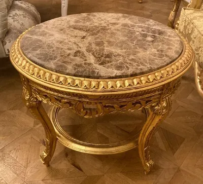 Produktbild von Casa Padrino Barock Couchtisch mit Marmorplatte Gold / Grau - Runder Massivholz Wohnzimmertisch im Barockstil - Barockstil Wohnzimmer Möbel - Barock Möbel - Antik Stil Wohnzimmer Möbel