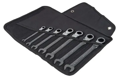 Produktbild von STIER Ringratschenmaulschlüssel-Satz mit Gelenk 90° Abwinklung SW 8 - 19 mm 7-teilig, aus Chrom-Vanadium-Stahl, feinverzahnt mit 72 Zähnen, Gabelschlüssel, Ratschenset
