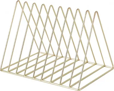 Obrázok produktu pre Naturn Living™ Kovový organizér na časopisy - Trojuholníková knižnica - Organizér na časopisy - Trojuholník - Stojan na noviny - Systém na ukladanie CD - Držiak na časopisy - Stojan na časopisy - Matný zlatý