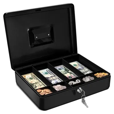 Produktbild von Abschließbare Geldkassette mit 9 Fächern, Geldorganizer aus Stahl, tragbar mit Griff und Zylinderschloss, 2 Schlüssel, Münzeinsatz für Münzen, Scheine und Schmuck, 29 x 23 x 8 cm, Schwarz