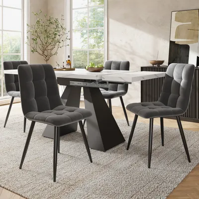 Image de Flieks Ensemble de salle à manger 5 pièces, Table rectangulaire à rallonges en marbre, Table de salle à manger avec 4 chaises, Chaises rembourrées avec revêtement en velours, Table blanche, Chaise grise