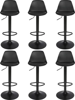 Six black bar stools arranged in two rows of three against a white background.