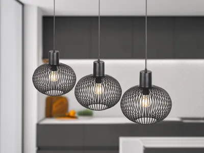 Produktbild von LED Pendelleuchte 3-flammig mit Gitterschirmen Schwarz über Esstisch & Kochinsel