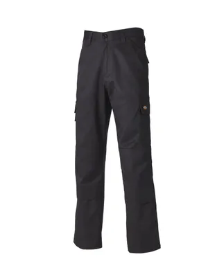A pair of black work pants displayed against a white background.