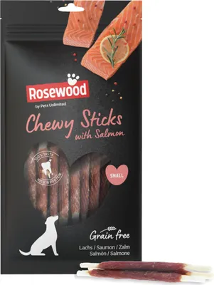 Produktbild von Rosewood Chewy Sticks Lachs Small, Kaustangen für Hunde, Rinderhautsnack, ohne Getreide, 72 g