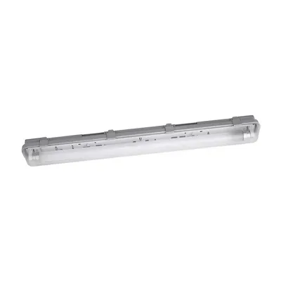 A long, rectangular light fixture with a clear plastic cover and a gray housing, presented against a plain white background.