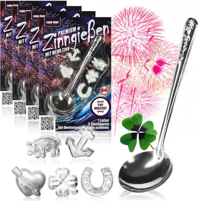 Produktbild von com-four® Zinngießen mit 20 schweren Figuren und 4 Löffel, Silvestergießen das Wahrsagerei-Partyspiel die gesunde Alternative zum Bleigießen - family pack